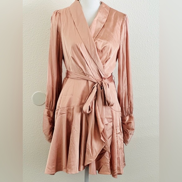 Vici Long Sleeve Satin Dress in Peach - Picture 1 of 10